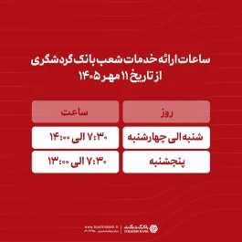 ساعات ارائه خدمات شعب بانک گردشگری از 11 مهر 1405 اعلام شد